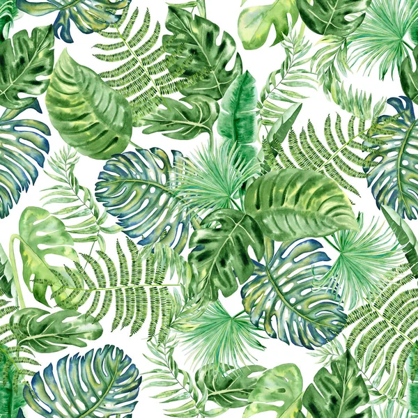 Liście Tropikalne Bezszwowy Wzór Akwareli Ręcznie Rysowane Ilustracja Zielonych Gałęzi — Zdjęcie stockowe