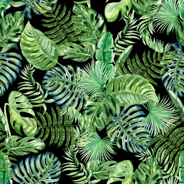 Tropische Blätter Nahtloses Aquarellmuster Handgezeichnete Illustration Grüner Pflanzenzweige Isoliert Auf — Stockfoto