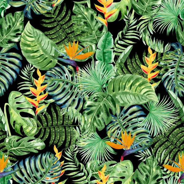 Tropical Leaves Flowers Watercolor Seamless Pattern Exotic Jungle Plants Endless — Stock Photo, Image