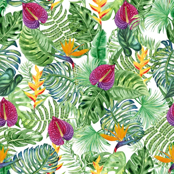 Tropical leaves and flowers watercolor seamless pattern. Exotic jungle plants endless background for wallpaper and fabric. Hawaiian hand drawn backdrop style.