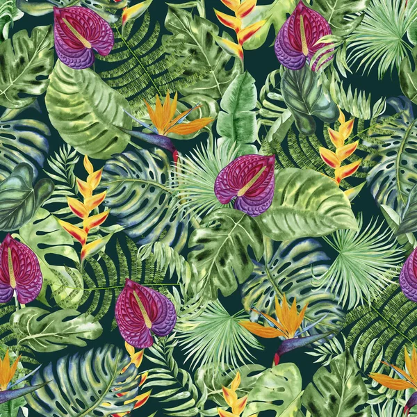 Tropische Blätter Und Blumen Aquarellieren Nahtlose Muster Exotische Dschungelpflanzen Endlosen — Stockfoto