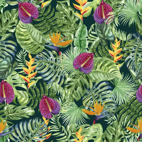 Tropical Leaves Flowers Watercolor Seamless Pattern Exotic Jungle Plants Endless — Stock Photo, Image