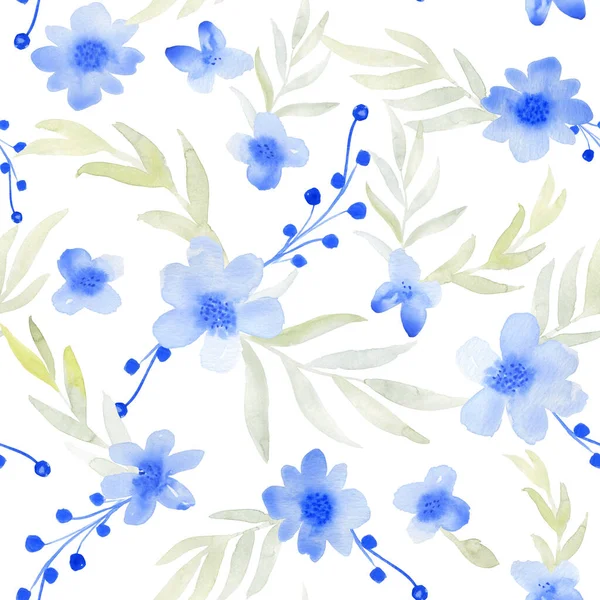 Azul Aquarela Flores Folhas Sem Costura Padrão Mão Desenhado Abstrato — Fotografia de Stock
