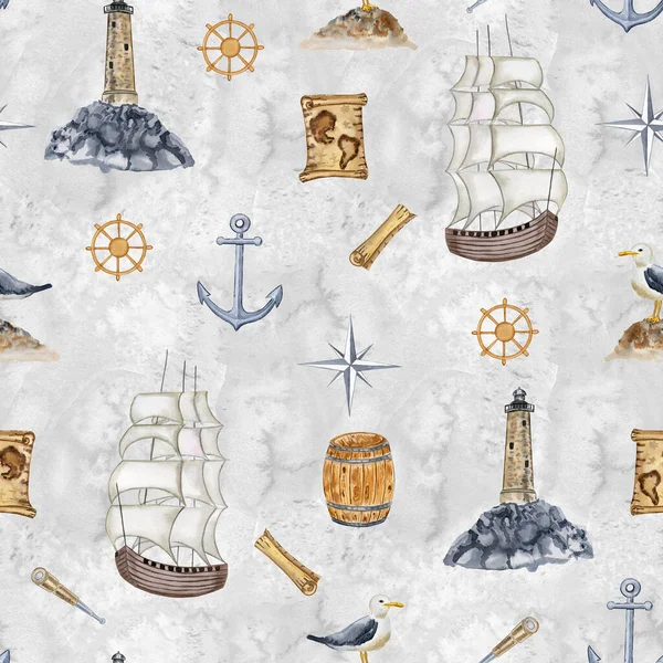 Eski deniz feneri ve klasik yelkenli sonsuz suluboya deseni. Duvar kâğıdı ve bej ve gri renkli kumaşlar için sonsuz bir arka plan. Erkekler için seyahat tasarımı.