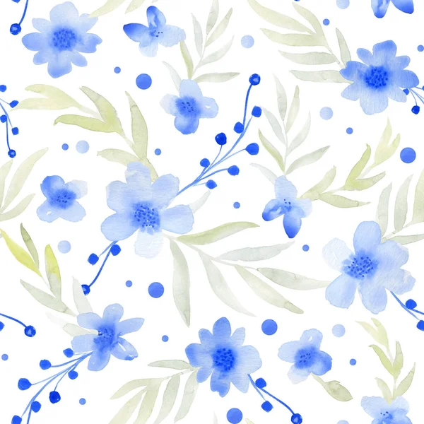 Modrá Akvarel Květiny Zanechává Bezešvé Vzor Ručně Kreslené Abstraktní Květinové — Stock fotografie