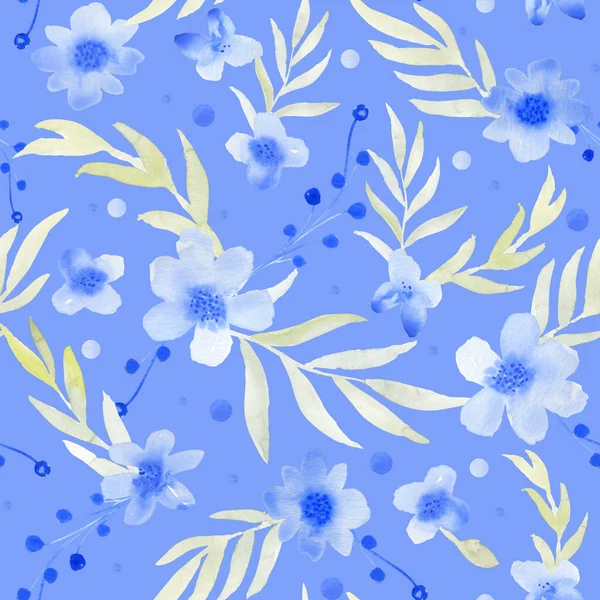 Blauwe Aquarel Bloemen Bladeren Naadloos Patroon Hand Getekend Abstracte Bloemen — Stockfoto
