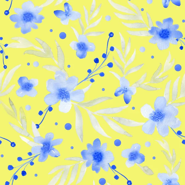 Blauwe Aquarel Bloemen Bladeren Naadloos Patroon Hand Getekend Abstracte Bloemen — Stockfoto