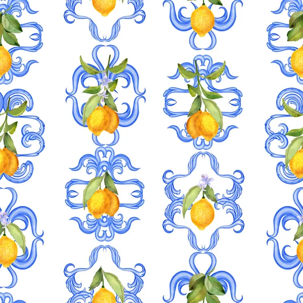 Жовті Лимони Сицилійський Орнамент Безшовні Акварелі Середземноморський Друк Тканини Шпалер — стокове фото