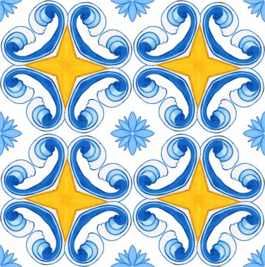 Majolica watercolor seamless pattern. Sicilian hand drawn ornament. Traditional blue and yellow ceramic tiles. Portuguese traditional azulejo pattern. Moroccan style.	