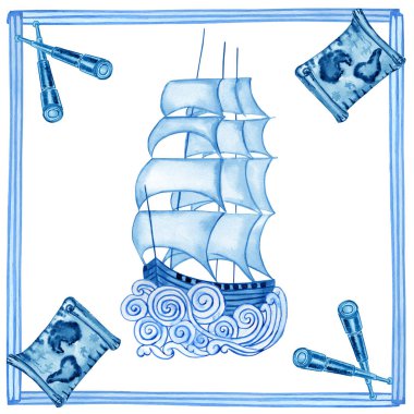 Geleneksel seramik mavi majolika fayans tasarımı. Sicilya süslemesinin suluboya el çizimi. Azulejo tarzı eski yelkenli..