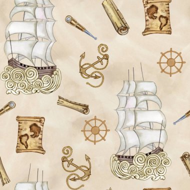 Eski bir yelkenli suluboya desenli. Duvar kâğıdı ve kumaş için klasik denizcilik yolculuğu. Erkekler için yazdır. Eski haritalar ve direksiyon simidi.