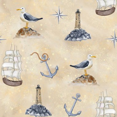Eski deniz feneri ve klasik yelkenli sonsuz suluboya deseni. Duvar kâğıdı ve bej ve gri renkli kumaşlar için sonsuz bir arka plan. Erkekler için seyahat tasarımı.