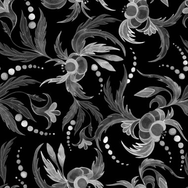 Soyut çiçekler ve yapraklar eski geleneksel halk tarzında suluboya desenli. Siyah ve beyaz renkli duvar kağıdı ve kumaş için sonu gelmeyen el çizimi arkaplan