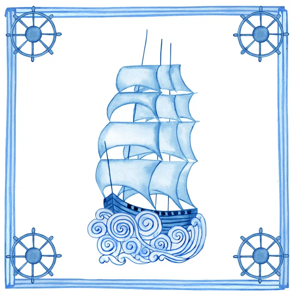 セラミック伝統的な青のマヨリカタイルのデザイン シチリアの装飾の水彩画の手描きイラスト Azulejoスタイルのレトロ帆船 — ストック写真