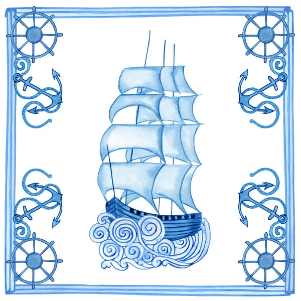 stock image Ceramic traditional blue majolica tiles design. Watercolor hand drawn illustration of Sicilian ornament. Azulejo style retro sailboat.