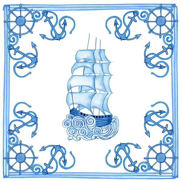 Ceramic Traditional Blue Majolica Tiles Design Watercolor Hand Drawn Illustration — Stock Photo, Image