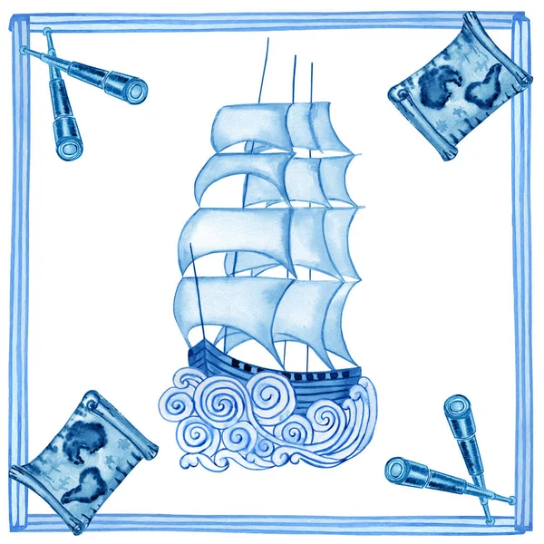 陶瓷传统蓝色金银花瓷砖的设计 西西里装饰品的水彩画手绘插图 Azulejo型复古帆船 — 图库照片