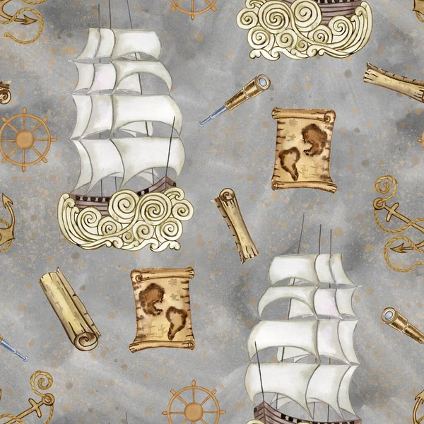 stock image Vintage old sailboat watercolor seamless pattern. Vintage seafaring voyage endless background for wallpaper and fabric. Print for boys. Old maps and steering wheel.