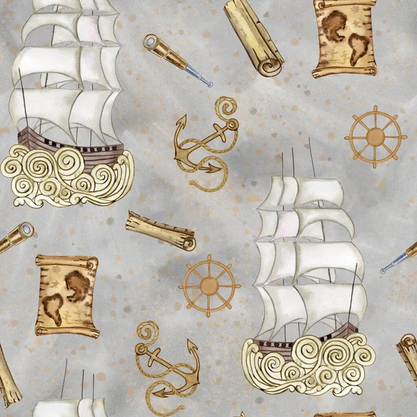Vintage old sailboat watercolor seamless pattern. Vintage seafaring voyage endless background for wallpaper and fabric. Print for boys. Old maps and steering wheel.