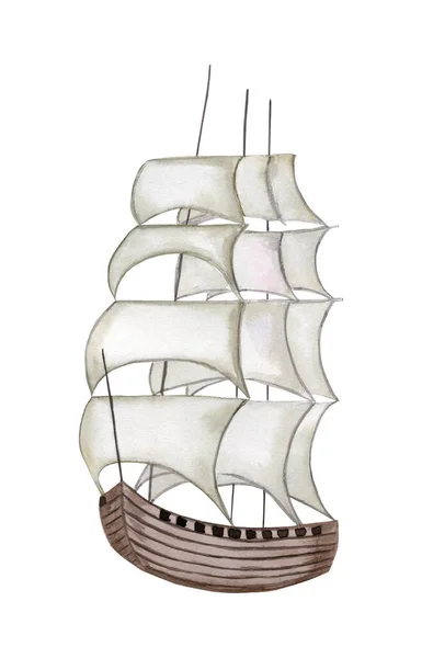 Vintage Sailboat Watercolor Illustration Hand Drawn Wooden Ship Sails — Stock Photo, Image