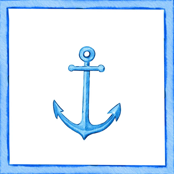 采用海洋风格的瓷砖设计 蓝色的Azulejo描绘了海岸上的一个水彩锚 传统的地中海手绘西西里木乃伊版画 — 图库照片