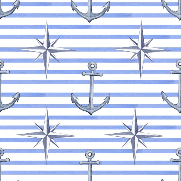 Blue Stripe Anchor Compass Watercolor Seamless Pattern Hand Drawn Marine — Stock Photo, Image