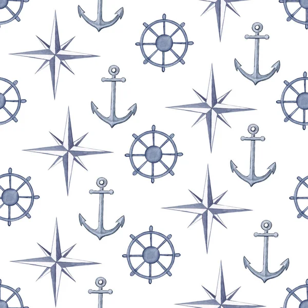 Anchor Rudder Watercolor Seamless Pattern Hand Drawn Compass Sea Travel — Stock Photo, Image