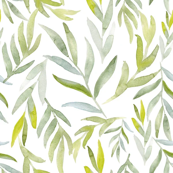 Aquarell Grüne Zweige Mit Von Hand Gezeichneten Nahtlosen Blättern Endloser — Stockfoto