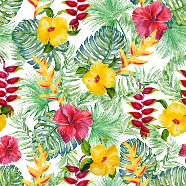 Tropische Blätter Und Blumen Aquarellieren Nahtlose Muster Exotische Dschungelpflanzen Endlosen — Stockfoto