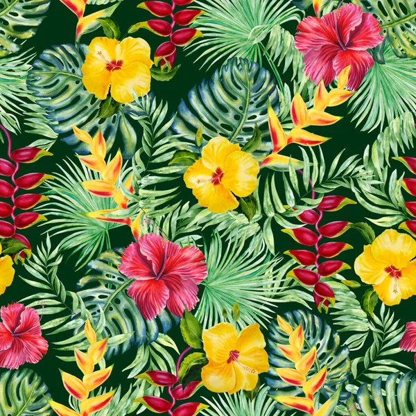 Tropikalne Liście Kwiaty Akwarela Bezszwowy Wzór Egzotyczne Rośliny Dżungli Nieskończone — Zdjęcie stockowe