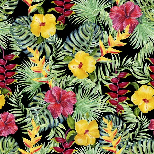 Hojas Tropicales Flores Acuarela Patrón Sin Costuras Exóticas Plantas Selva —  Fotos de Stock