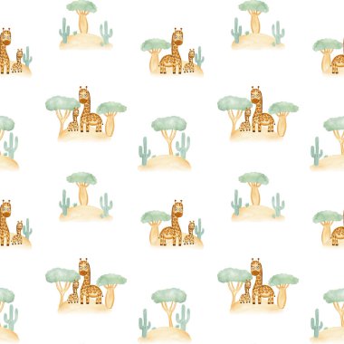 Şirin zürafalar suluboya desenli. Ağaçlar ve kaktüslerle savanadaki Afrikalı hayvanların çocuksu çizimi. Duvar kağıdı ve kumaş için sonsuz arkaplan.