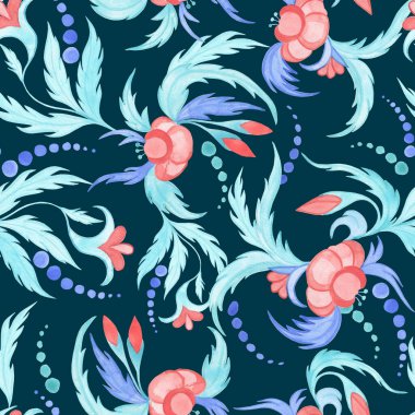 Soyut çiçekler ve yapraklar eski geleneksel halk tarzında suluboya desenli. Turkuaz ve mercan renklerinde duvar kağıdı ve kumaş için sonu gelmeyen el çizimi arkaplan.