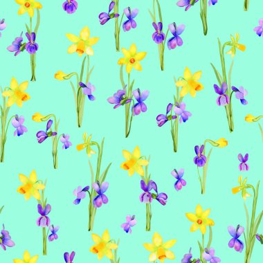 Sarı nergis ve mor menekşeler dikişsiz suluboya deseni. Duvar kağıdı ve kumaş için bahar çiçeği buketlerinin el çizimi.