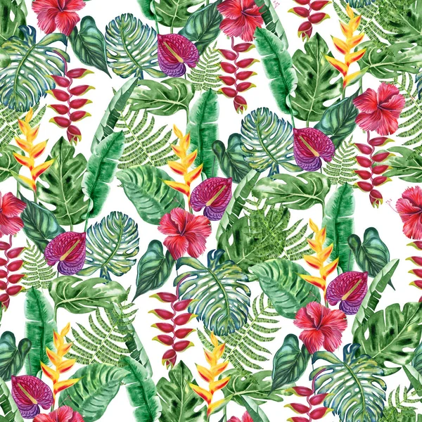 熱帯の花やヤシの葉のシームレスな水彩パターン 植物学的に手描きハイビスカス アントゥリウム ヘリコニアの花 布や壁紙のためのエキゾチックな葉と無限の花の背景 — ストック写真