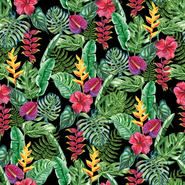 熱帯の花やヤシの葉のシームレスな水彩パターン 植物学的に手描きハイビスカス アントゥリウム ヘリコニアの花 布や壁紙のためのエキゾチックな葉と無限の花の背景 — ストック写真