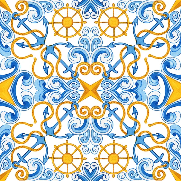 Majolica Watercolor Seamless Pattern Sicilian Hand Drawn Ornament Traditional Blue — Foto Stock