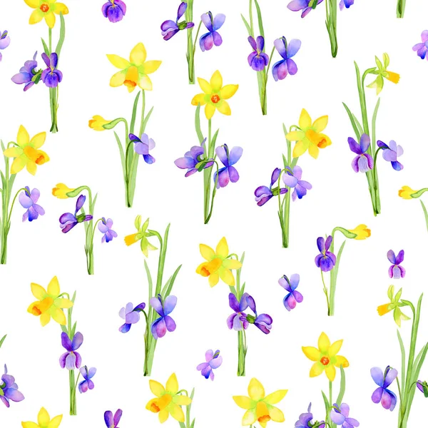 stock image Yellow daffodils and purple violets seamless watercolor pattern. Hand drawn illustration of spring flower bouquets for wallpaper and fabric.