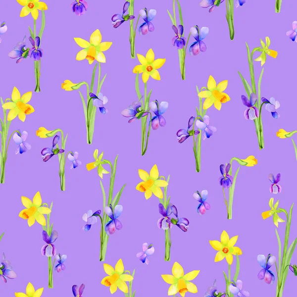 黄色の水仙と紫のスミレのシームレスな水彩パターン 壁紙や生地のための春の花の花束の手描きイラスト — ストック写真