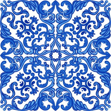 Majolica pattern. Sicilian hand drawn blue ornament. Traditional blue and white ceramic tiles. Portuguese traditional azulejo pattern. Moroccan style.	