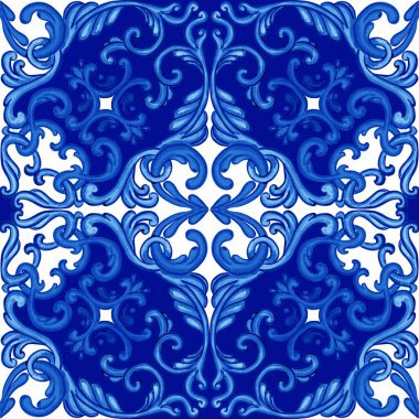 Majolica pattern. Sicilian hand drawn blue ornament. Traditional blue and white ceramic tiles. Portuguese traditional azulejo pattern. Moroccan style.	