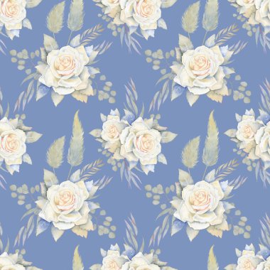 Beyaz güller ve okaliptüs dikişsiz suluboya deseni. Bir buket çiçek ve otlar. Boho tarzında bitmeyen botanik arka plan. Düğün dekorasyonu için fon. Kutlama ambalaj kağıdı.