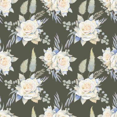 Beyaz güller ve okaliptüs dikişsiz suluboya deseni. Bir buket çiçek ve otlar. Boho tarzında bitmeyen botanik arka plan. Düğün dekorasyonu için fon. Kutlama ambalaj kağıdı.