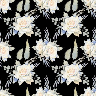 Beyaz güller ve okaliptüs dikişsiz suluboya deseni. Bir buket çiçek ve otlar. Boho tarzında bitmeyen botanik arka plan. Düğün dekorasyonu için fon. Kutlama ambalaj kağıdı.