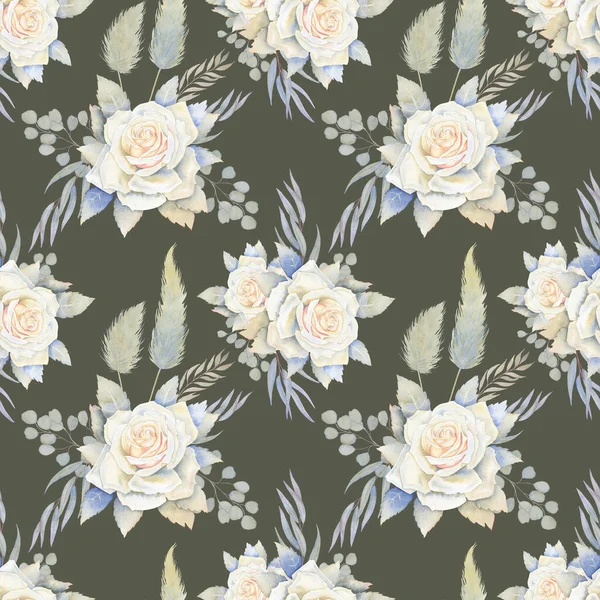 Bílé Růže Eukalyptus Bezešvé Akvarel Vzor Kytice Květin Pampas Trávy — Stock fotografie