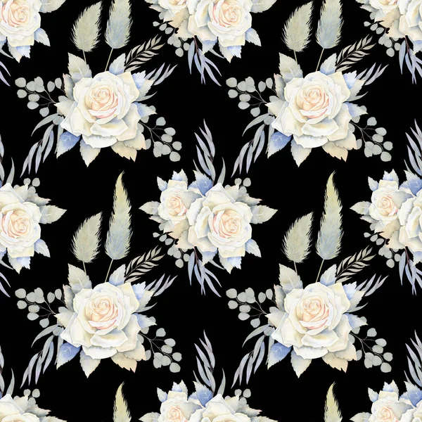 白いバラとユーカリのシームレスな水彩パターン ブーフスタイルでパンパス草無限の植物の背景と花の花束 結婚式の装飾のための背景 包装紙 — ストック写真