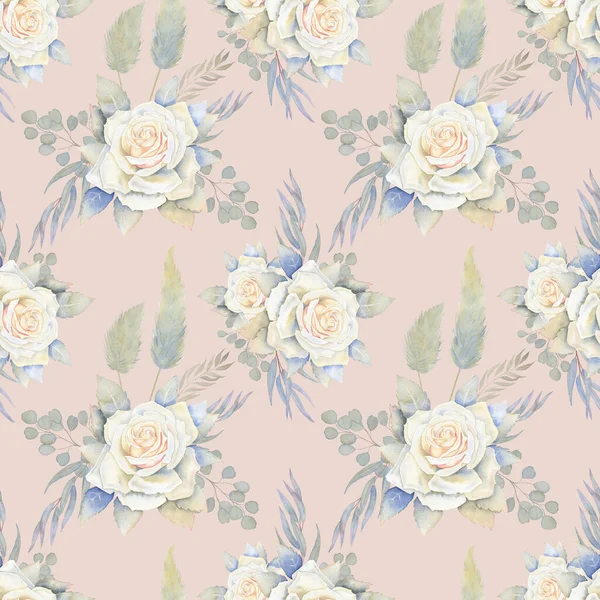White roses and eucalyptus seamless watercolor pattern. Bouquet of flowers with pampas grass endless botanical background in boho style. Backdrop for wedding decoration. Festive wrapping paper.