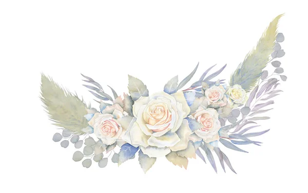 Acquerello Rose Bianche Disposizione Rami Eucalipto Bouquet Sposa Con Pampas — Foto Stock