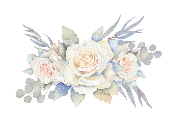 Υδατογραφία Λευκά Τριαντάφυλλα Και Ευκάλυπτος Ρύθμιση Κλαδιά Γαμήλια Ανθοδέσμη Πάμπας — Φωτογραφία Αρχείου