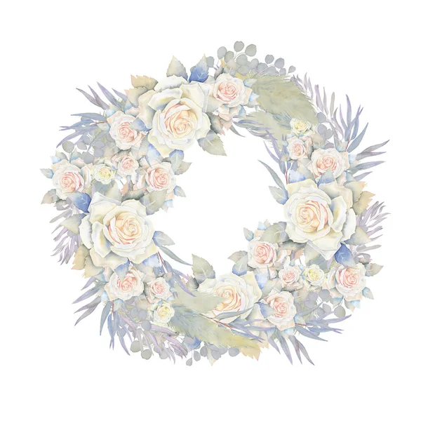 Acquerello Rose Bianche Rami Eucalipto Ghirlanda Bouquet Sposa Con Pampas — Foto Stock